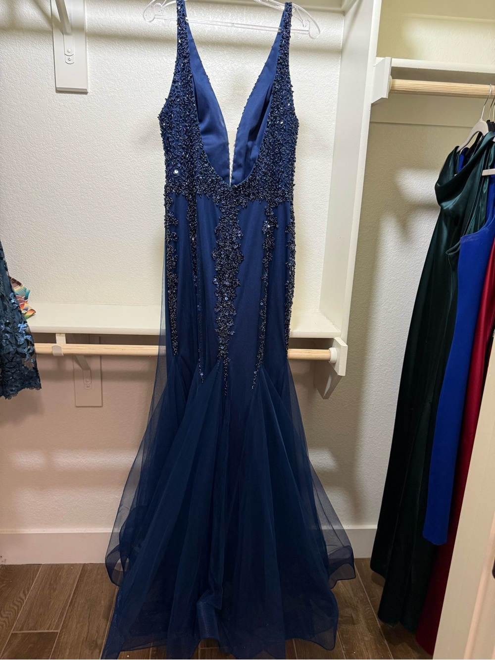 Jovani Navy Beaded Plunging V-Mermaid Gown